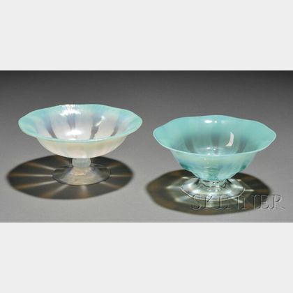 Two Tiffany Pastel Aqua and Opalescent Glass Footed Bowls