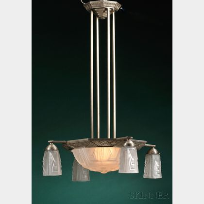 Muller Freres Frosted Colorless Glass and Cast Metal Five-light Chandelier