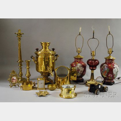 Group of Decorative Brass Items and Three Table Lamps