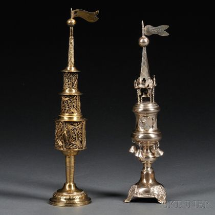Two Silver Tower-form Spice Containers