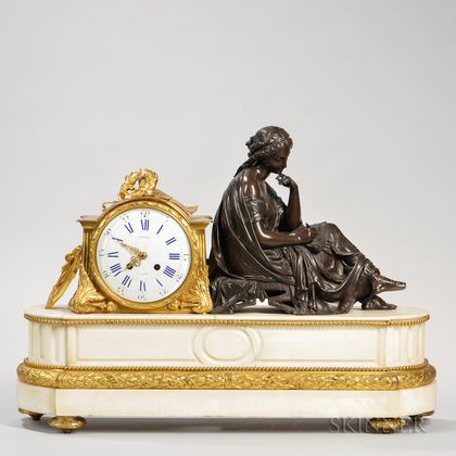 Verneaux Marble, Bronze, and Gilt-bronze-mounted Mantel Clock