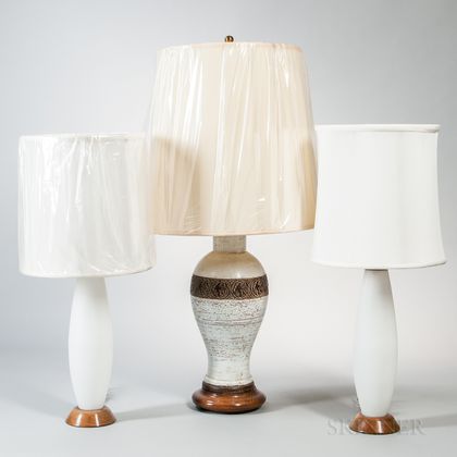 Large White Ceramic and a Pair of Frosted Glass Table Lamps