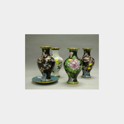 Four Chinese Cloisonne Vases and a Plate. 