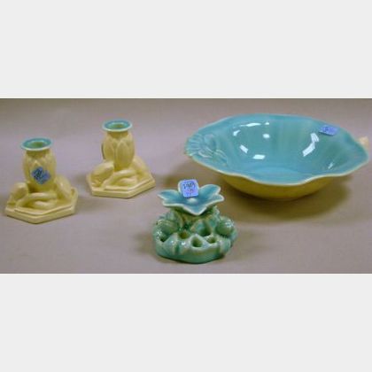 Four-Piece Rookwood Pottery Glossy Turquoise and Matte White Glazed Console Set
