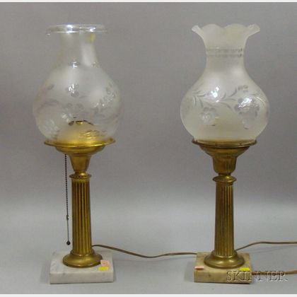 Two Brass and Glass Columnar Lamps