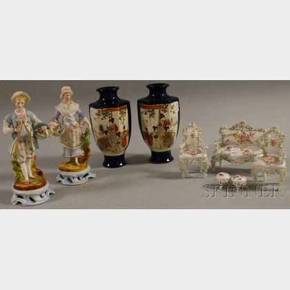 Pair of French Bisque Figures and a Five-piece Dresden Miniature Porcelain Suite of Parlor Furniture. 