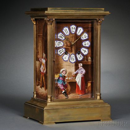 French Brass Shelf Clock with Porcelain Panels