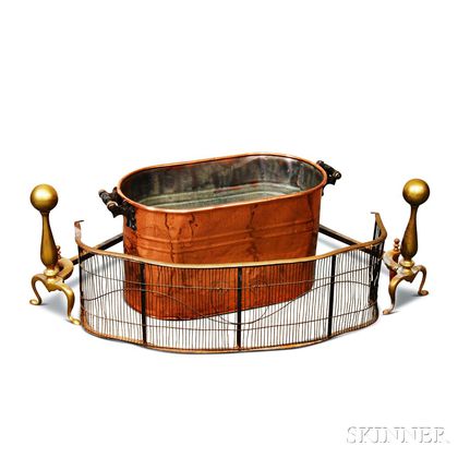 Pair of Brass Ball-top Andirons, a Wirework Fender, and a Rochester Copper Tub. Estimate $200-300