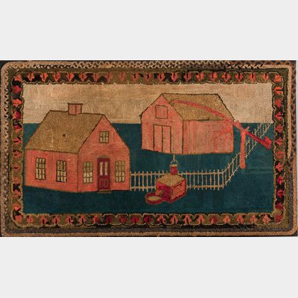 Hooked Rug Depicting a House and Barn
