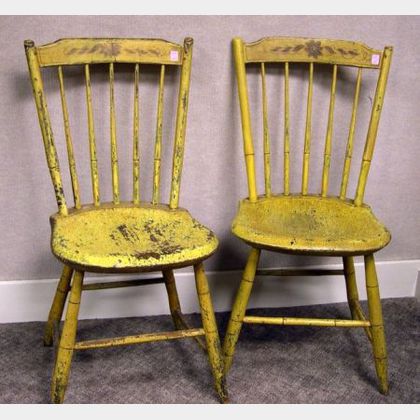 Pair of Windsor Yellow Painted and Decorated Rod-back Side Chairs. 