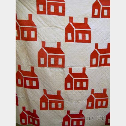 Red and White Schoolhouse Pattern Hand-stitched Pieced Cotton Quilt. 