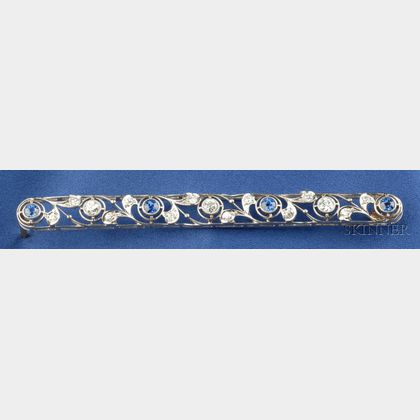Edwardian Platinum, Sapphire, and Diamond Bar Pin