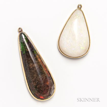 Two 14kt Gold and Opal Pendants