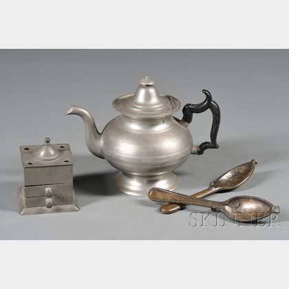 Bronze Spoon Mold and Pewter Teapot and Inkwell