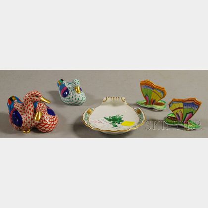 Five Assorted Small Herend Porcelain Figural and Table Items. 