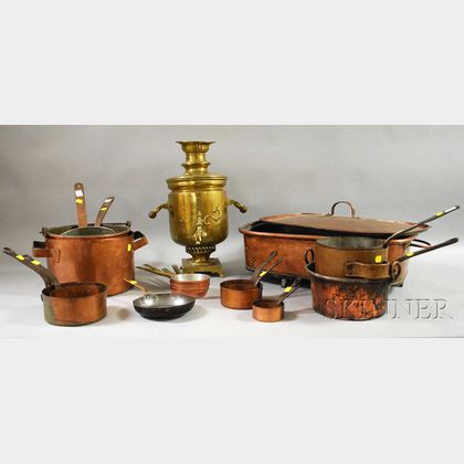 Group of Copper Cookware and a Russian Brass Samovar