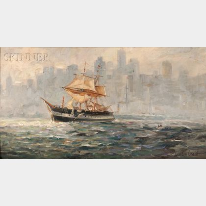 Gordon Grant (American, 1875-1962) Demasted Ship in New York Harbor