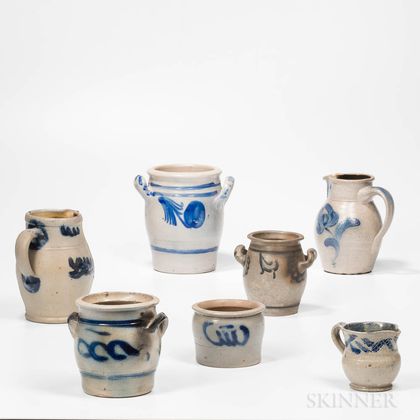 Seven Cobalt-decorated Stoneware Vessels