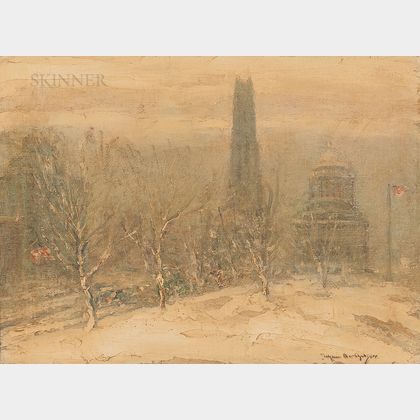 Johann Berthelsen (American, 1883-1972) Riverside Church and General Grant's Tomb in Winter, New York