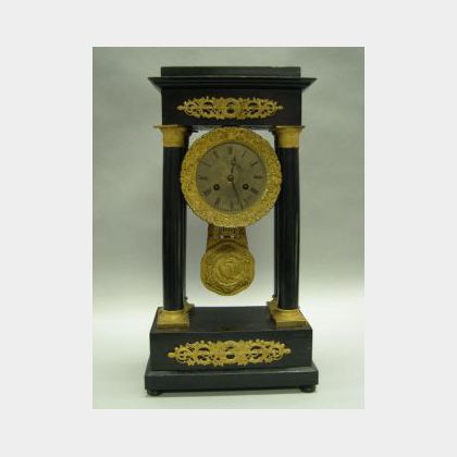 Charles X Ormolu Mounted Black Lacquered Portico Clock. 