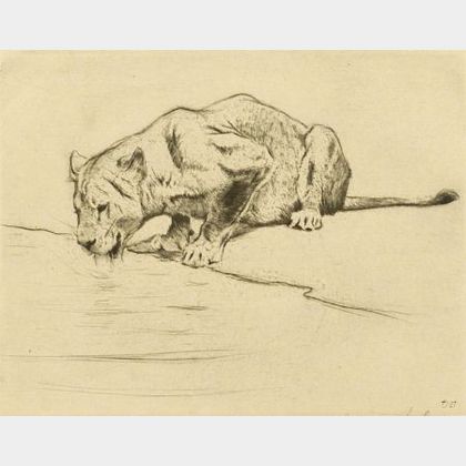 Lot of Ten Works on Paper Depicting Lions, Tigers, and Elephants, Including Work By, Evert Louis van Muyden (Swiss, 1853-1922) and Wilh