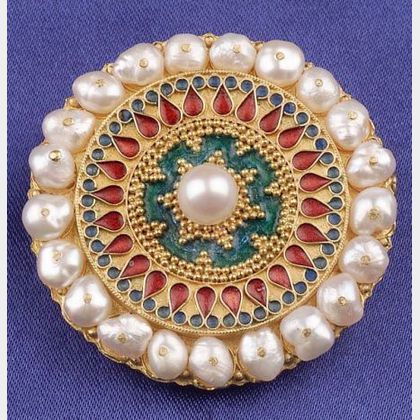 22kt Gold, Seed Pearl, and Enamel Brooch