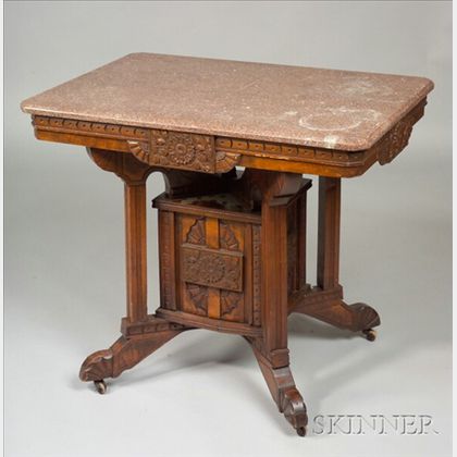 Aesthetic Movement Carved Walnut and Marble top Table