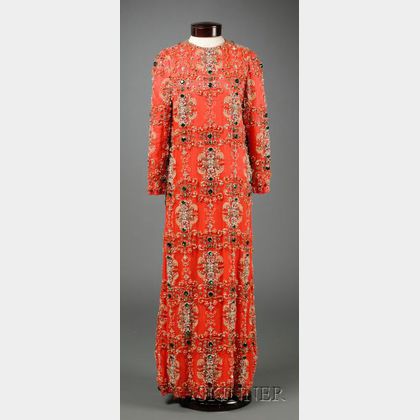 Samuel Winston by Roxanne Beaded and Jeweled Coral Silk Long Sleeve Gown