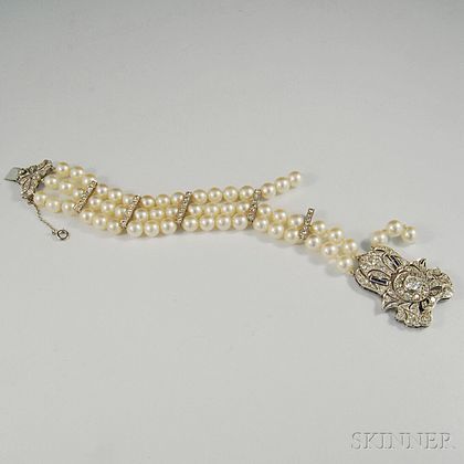 Multi-strand Cultured Pearl, Platinum, Diamond, and Sapphire Bracelet