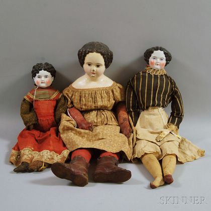 Two China Shoulder Head Dolls and a Large Papier-mache Shoulder Head Doll