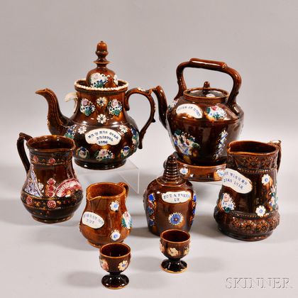 Eight Bargeware Pottery Tableware Items