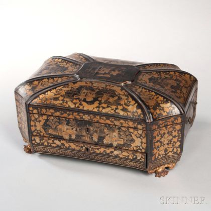 Large Chinese Export Carved and Lacquered Sewing Box