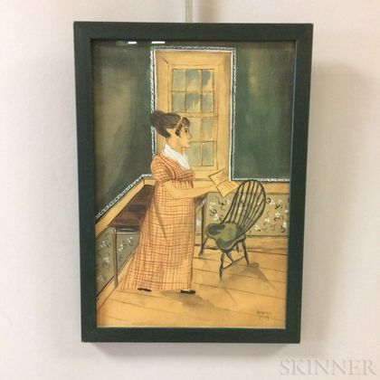 Framed Paige Koosed Contemporary Folk Art Watercolor of a Girl Reading