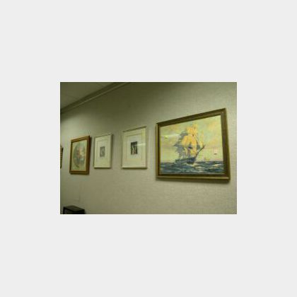 Two Framed Amorous Decorative Prints, a Red Riding Hood Print and a Gordon Grant Sailing Ship Print. 