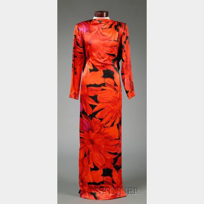 Bill Blass Red and Black Floral Silk Long Sleeve Gown