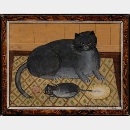 American School, 20th Century Gray Cat and Kitten on a Patterned Rug.