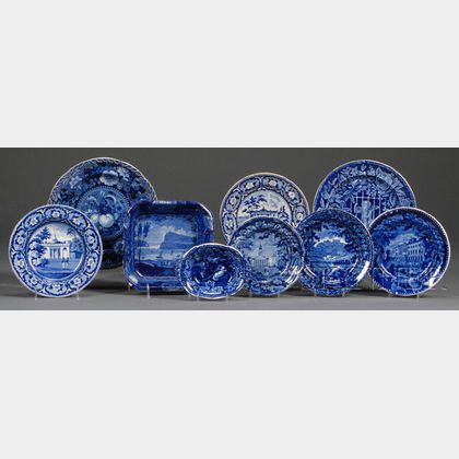 Nine Blue Transfer-decorated Staffordshire Pottery Dishes