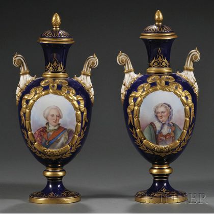 Pair of Sevres-style Porcelain Portrait Vases and Covers