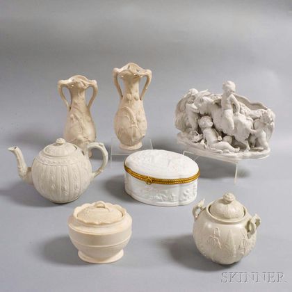 Seven Pieces of Parian and Salt-glazed Ceramics