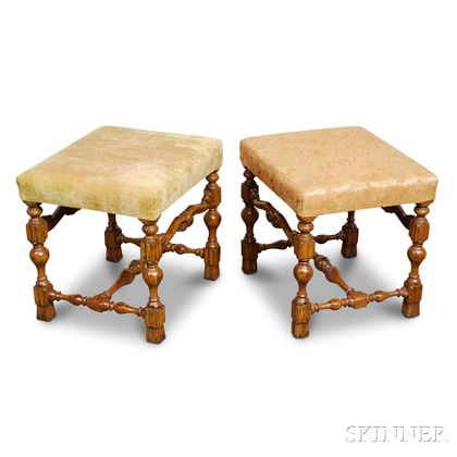 Pair of William and Mary-style Carved and Upholstered Fruitwood Stools