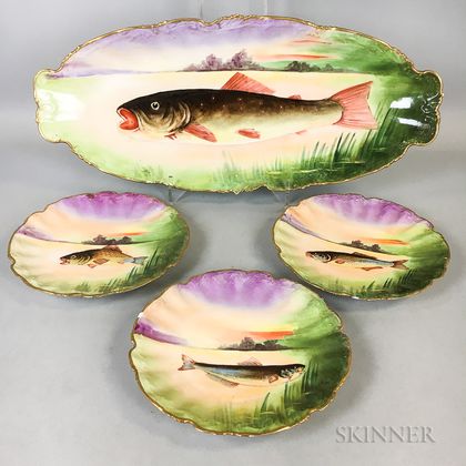 Set of Three Limoges Hand-painted Porcelain Fish Plates and a Platter