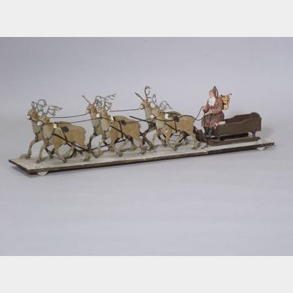 Early Papier-mache Father Christmas in Sleigh with Six Reindeer Platform Toy