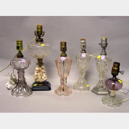 Glass Kerosene Lamp and Five Glass Fluid Lamps. 