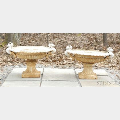 Pair of White Painted Cast Iron Pedestal Urns