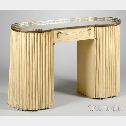 Modern Neoclassical-style Brass-mounted Mirrored-top Painted Wood and Cloth Double-pedestal Vanity