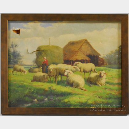Jef Louis Van Leemputten (Belgian, 1865-1948) Shepherdess with Her Flock