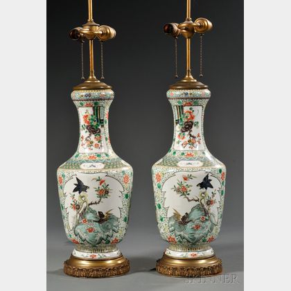 Pair of Chinese Export Porcelain Famille Verte Lamp Bases