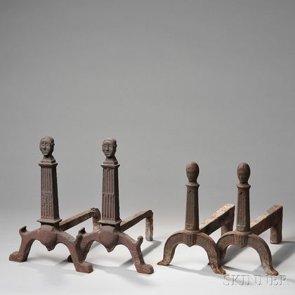 Two Pairs of Cast Iron Columnar Andirons