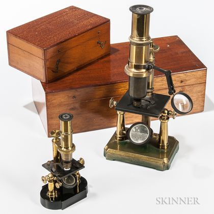 Two Lacquered Brass Compound Monocular Microscopes