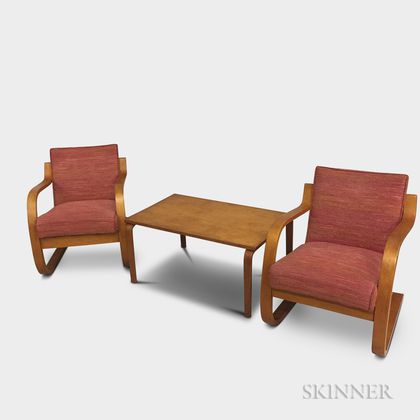 Two Alvar Aalto-style Birch Chairs and Table